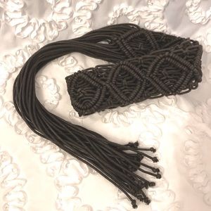 Macramé Gray Vintage Woven Patterned Wide Tie Boho Chic Belt 30”